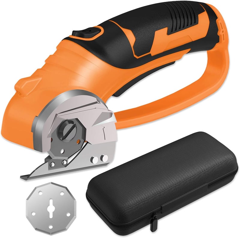 Pratuor Cordless Electric Scissors, 4V Box Cutter & Cardboard Cutter with 2 Titanium Blades - Rotary Cutter with LED Light for Fabric, Leather, Carpet, Plastic, Crafting + Storage Case (Orange) - Image 1